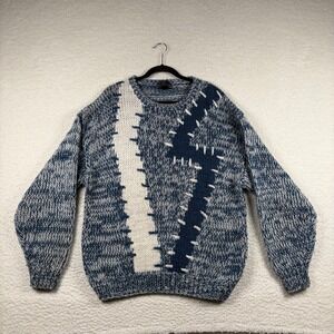 Peter England Sweater Handmade Intarsia Patchwork Knit M Blue Artisanal Retro